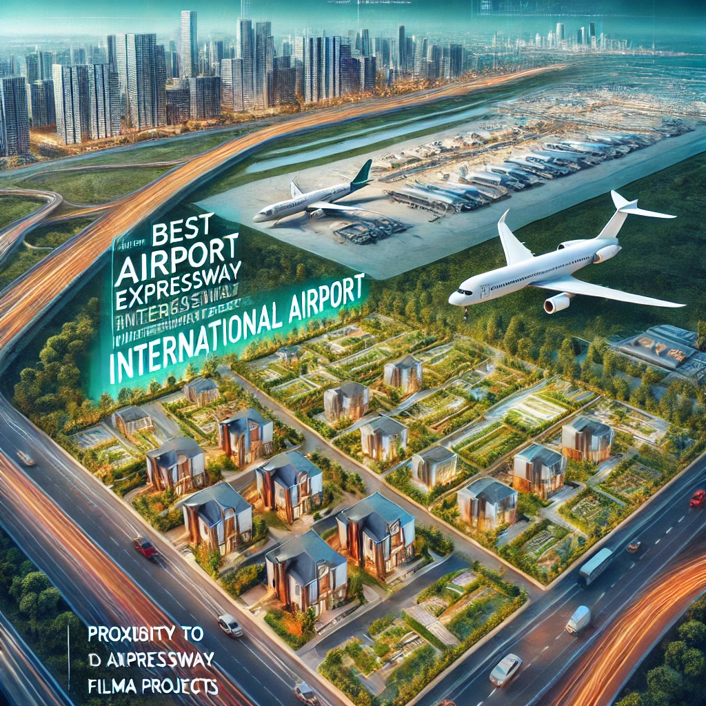 DALL·E 2025 01 05 15.29.27 A visually appealing real estate advertisement showcasing the best plots near Jewar International Airport. The image includes a modern layout of resid