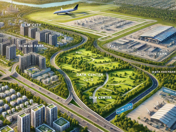 DALL·E 2025 01 13 15.34.48 A visually appealing illustration showcasing prime real estate plots near major infrastructure projects such as an airport expressway and modern urb