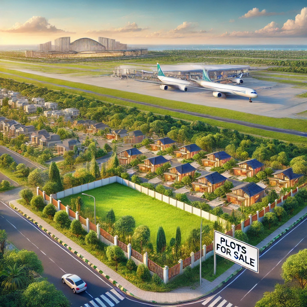 DALL·E 2025 01 19 17.20.39 A scenic real estate plot near a modern airport featuring lush greenery clear skies and a view of a distant terminal resembling Jewar Airport. The